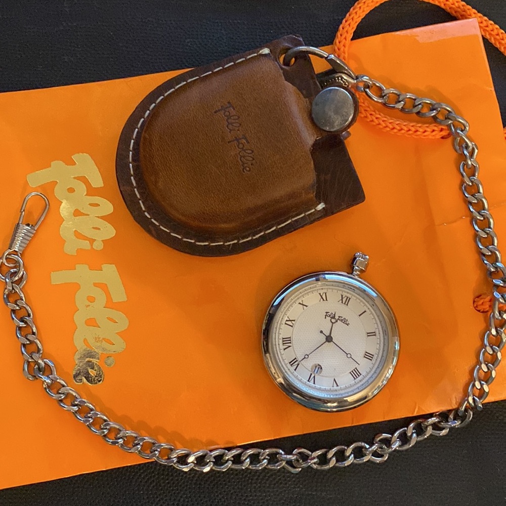 Vintage Folli Follie stainless steel pocket watch with leather holder with bag